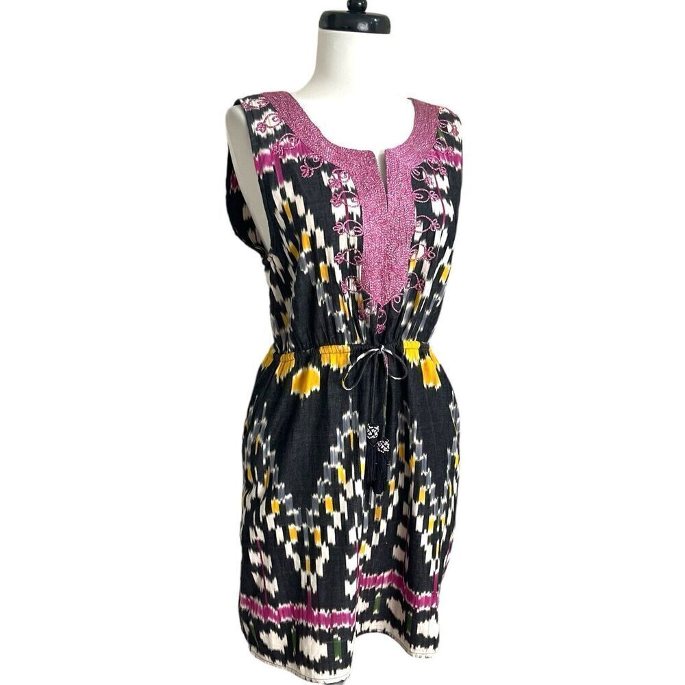 Calypso St Barth mini Dress M Aztec Boho Beach Embroidered Tassel Resort